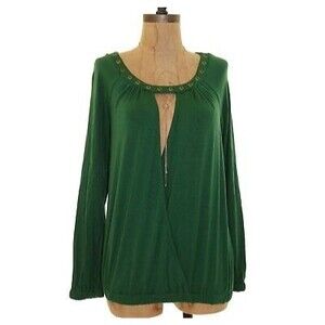 Ella Moss Surplice Top XS Long Sleeve Metal Rivet Detail Jersey Green EUC B63